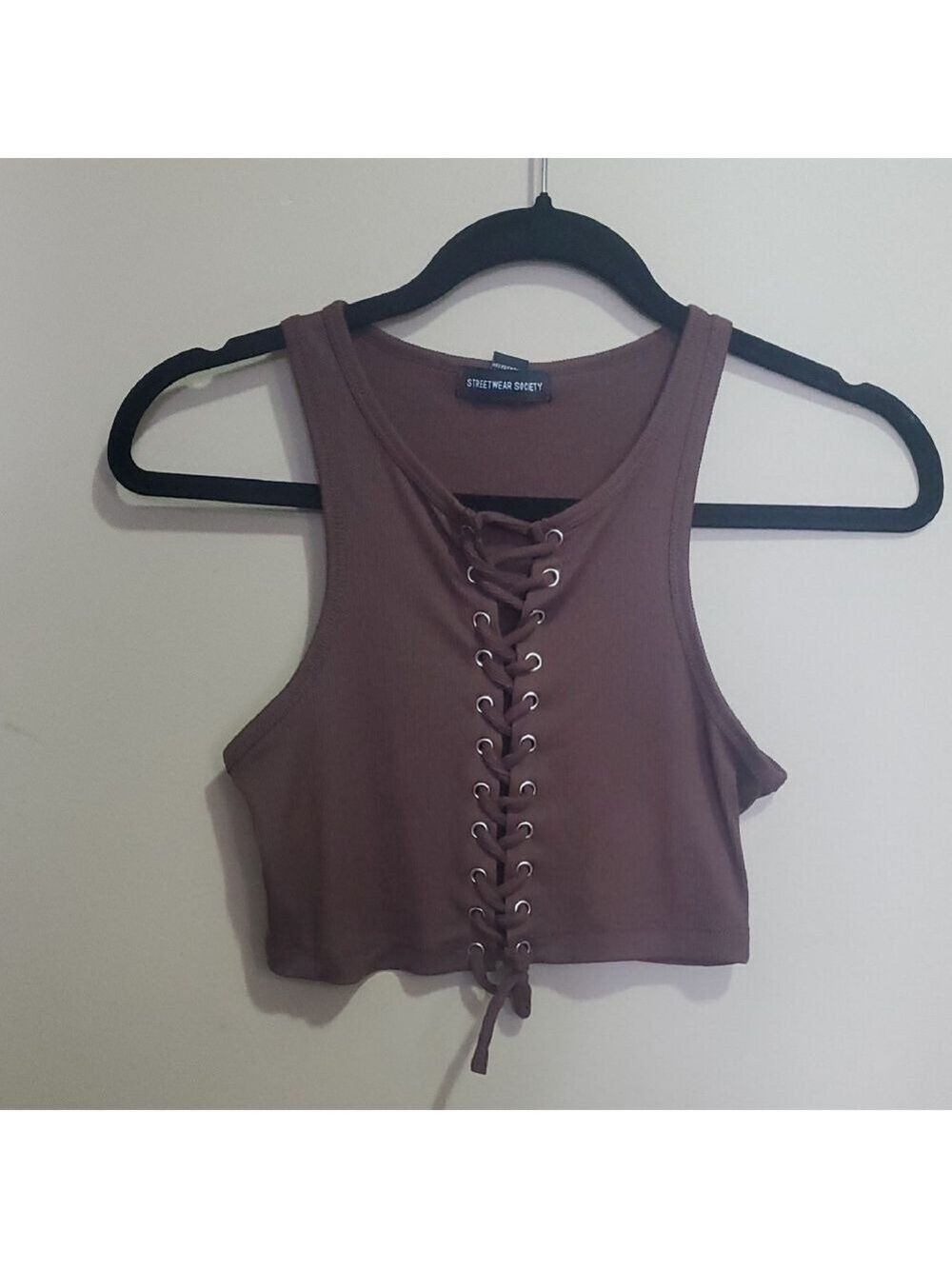 Streetwear Society Lace-Up Brown Ribbed Crop Top Side Small